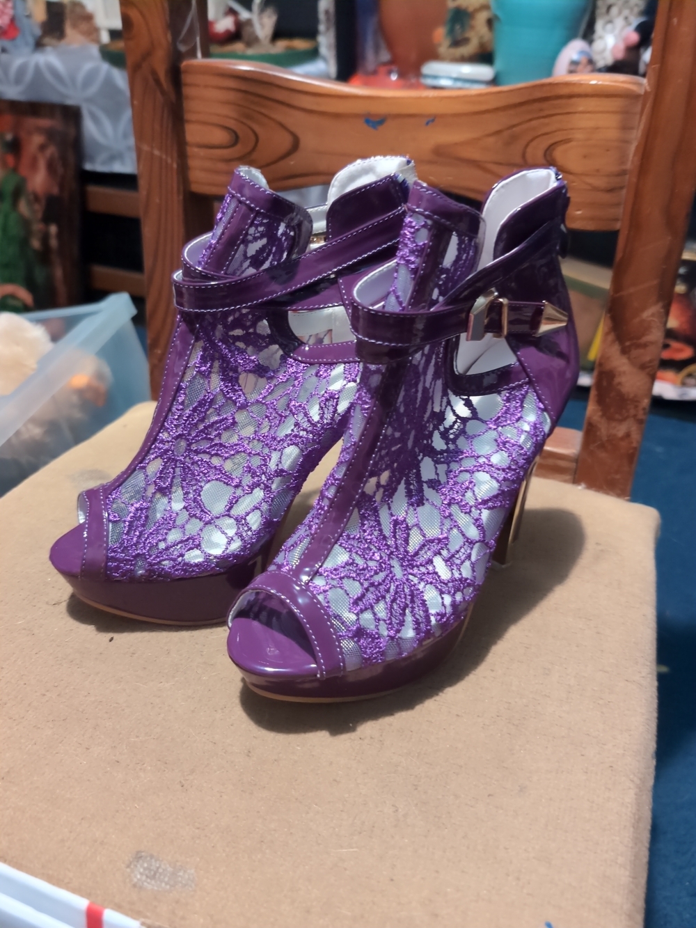 Women's Purple Lace Peep-Toe High Heel Sandals with Ankle Strap